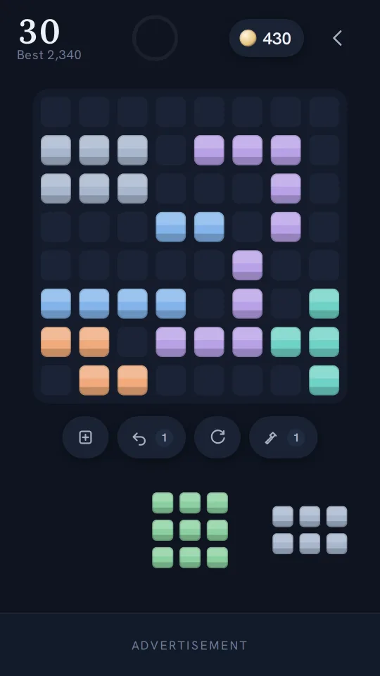 A Classic game in progress on the 8 by 8 board with undo and hammer tools