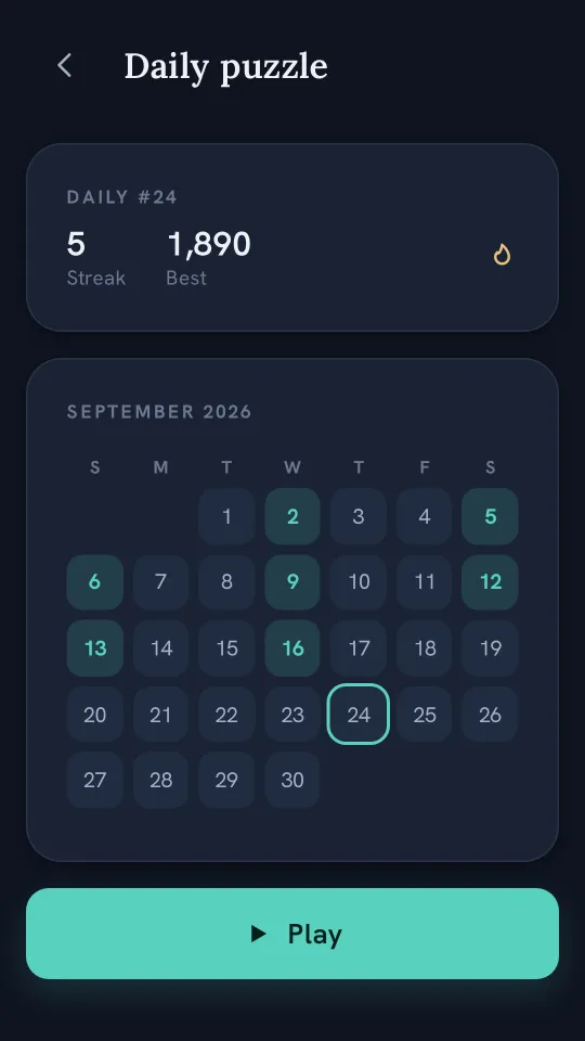 Daily puzzle screen with a streak calendar for the month