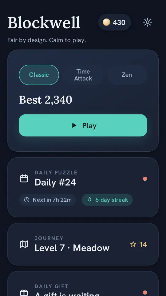 Blockwell home screen: mode picker, best score, daily puzzle and journey